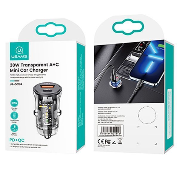 Автомобильное зарядное устройство для Usams 30W разъемы Type-C и USB Черный (6958444901404) CC164CC01 фото