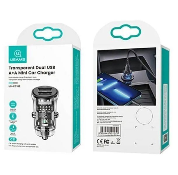 Автомобильное зарядное устройство для Usams 15W разъемы USB и USB Черный (6958444901244) CC162CC01  фото